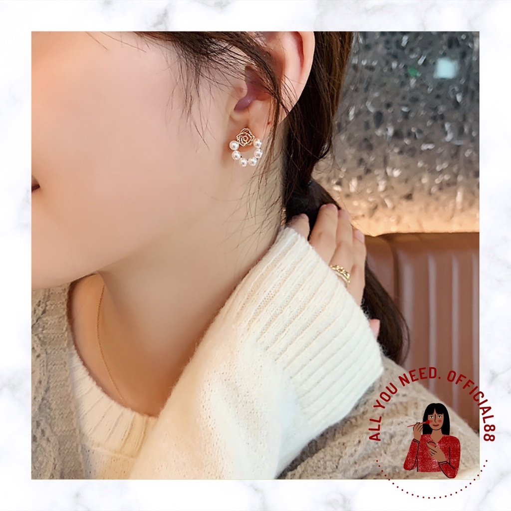 ✿AYN✿K29 Anting Stud Kristal Mutiara Bentuk Bunga Gaya Untuk Wanita Korea Fashion Aksesoris