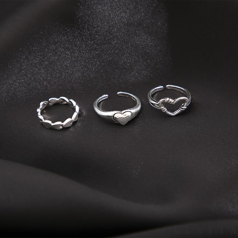 Xia.id 3PCS / Set Cincin Model Terbuka Bahan Metal Desain Hati Gaya Retro / Simple Kreatif Untuk Wanita