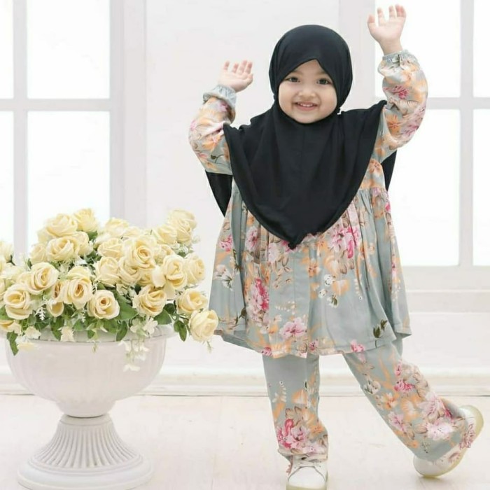 Model 2021 Setelan Anak Perempuan 3 tahun Baju Muslim Anak GLOW KIDS 2-3 tahun - abu lebaran keren