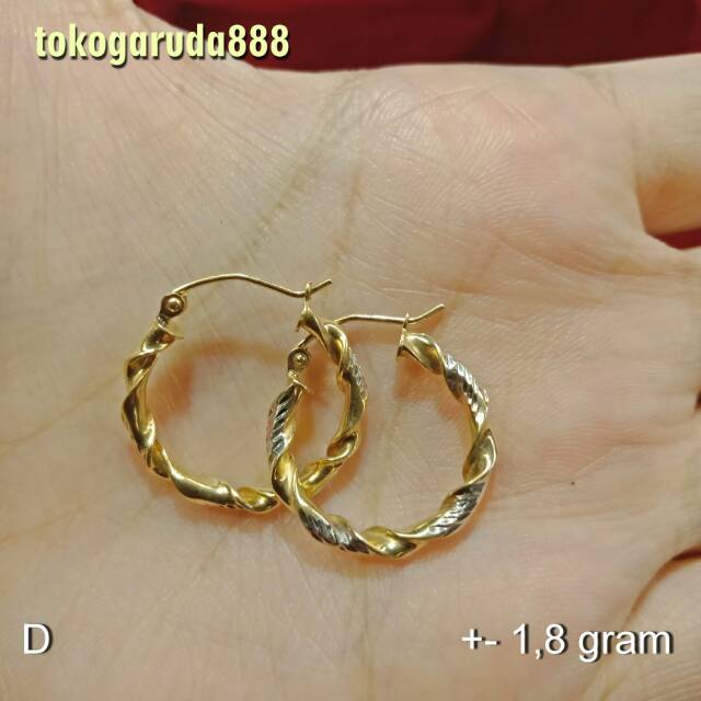 Anting giwang anak dan dewasa emas asli kadar 700 70% 22 bulat besar merica kerawang 3 dimensi oval hoops