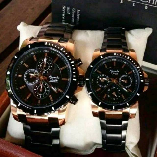 Jam tangan alexandre christie 6141 couple ori black gold