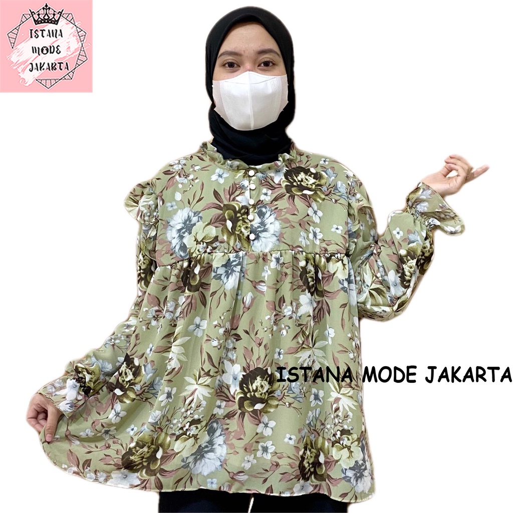 ISTANA MODE JAKARTA Zira baju atasan wanita terbaru blouse korean style blouse wanita lengan panjang-BUNGA HIJAU 4