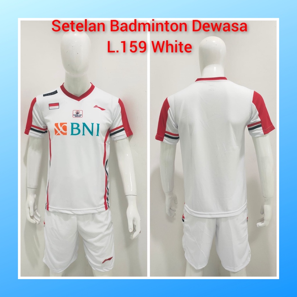 Kaos bulutangkis pria baju badminton dan celana jersey setelan wanita dewasa t-shirt outfit seragam jarsey kostum olahraga pakaian apparel sport jersy bulu tangkis casual jersi sudirman thomas uber cup print suit L159 putih sponsor