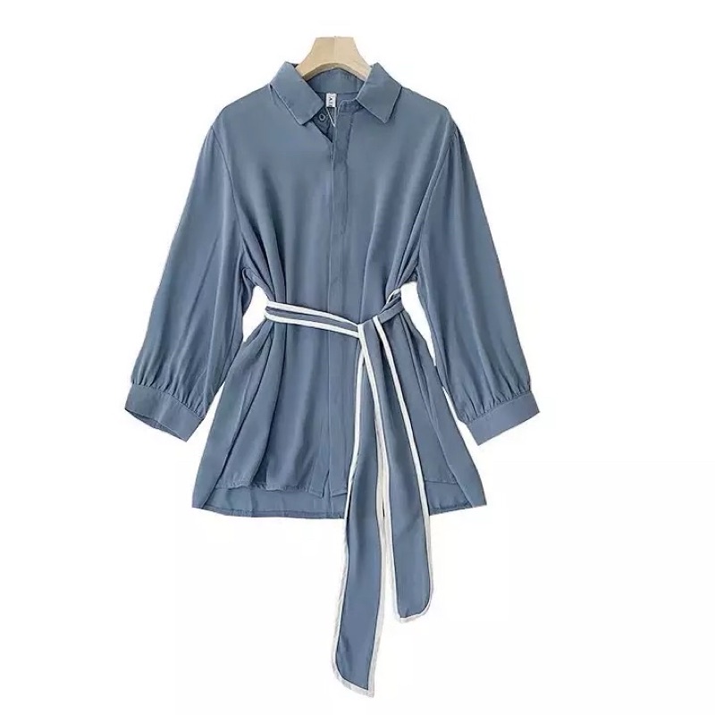 Blouse Wanita V Neck / Blouse Korean Style Rayon Crincle Premium-Salsa Blue