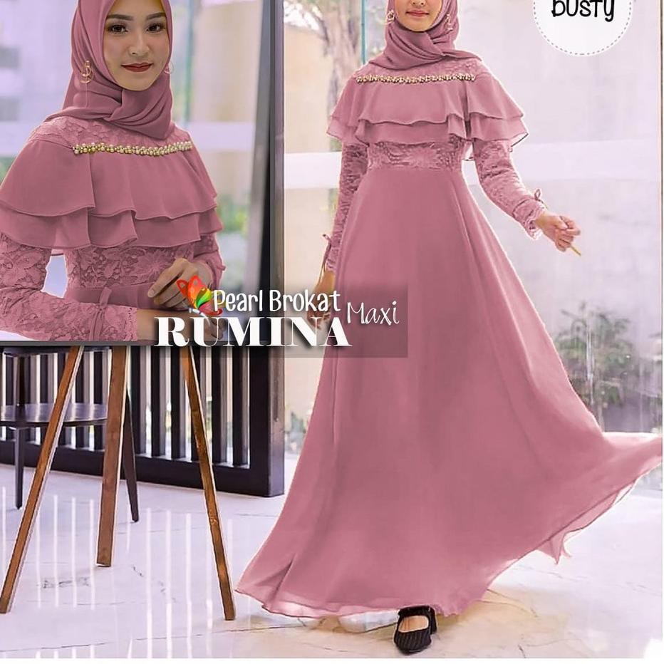 [F58058) GAMIS DRESS MUSLIM RUMINA BRUKAT PEARL | MAXI DRESS MURAH MOSCREPE BROKAT AKSEN MUTIARA MEW