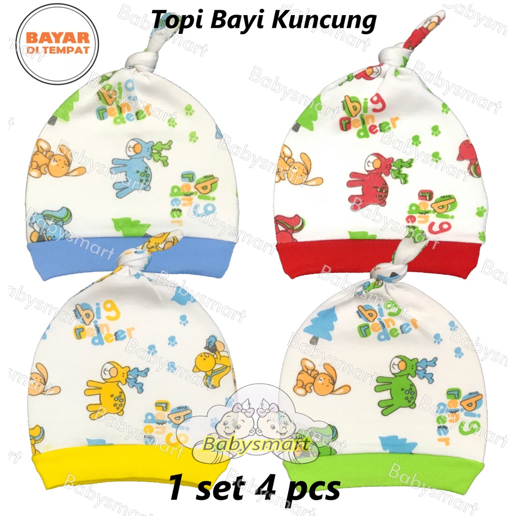 Babysmart - 4 PCS Topi Bayi / Anak model KUNCUNG SABLON motif Random Katun DK