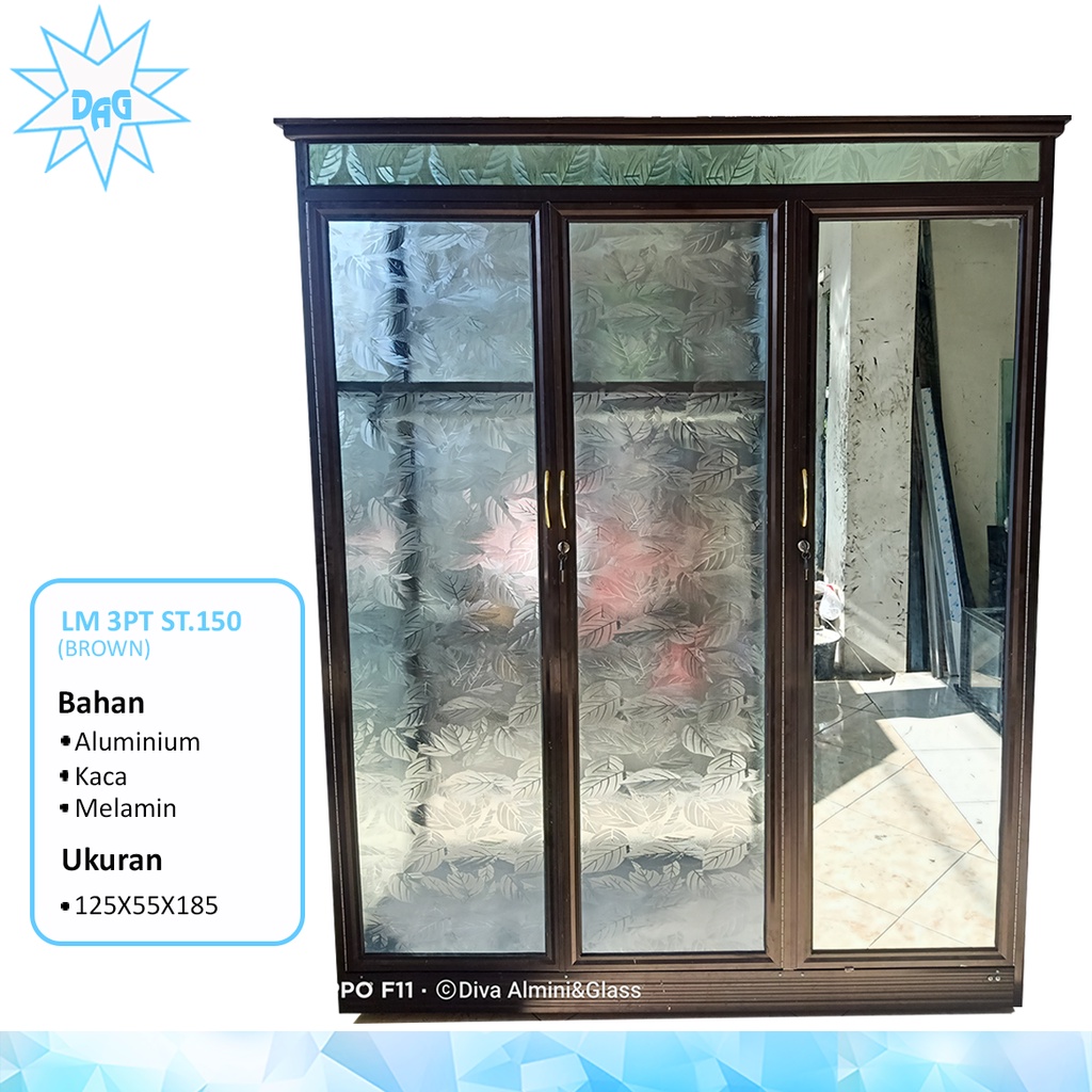 Lemari pakaian kaca 3 pt full kaca riben | alumunium frame coklat | lemari alumunium kaca