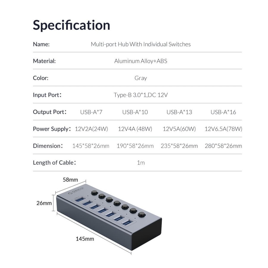 ORICO BT2U3-10AB 10 port USB Hub With Individual Switches