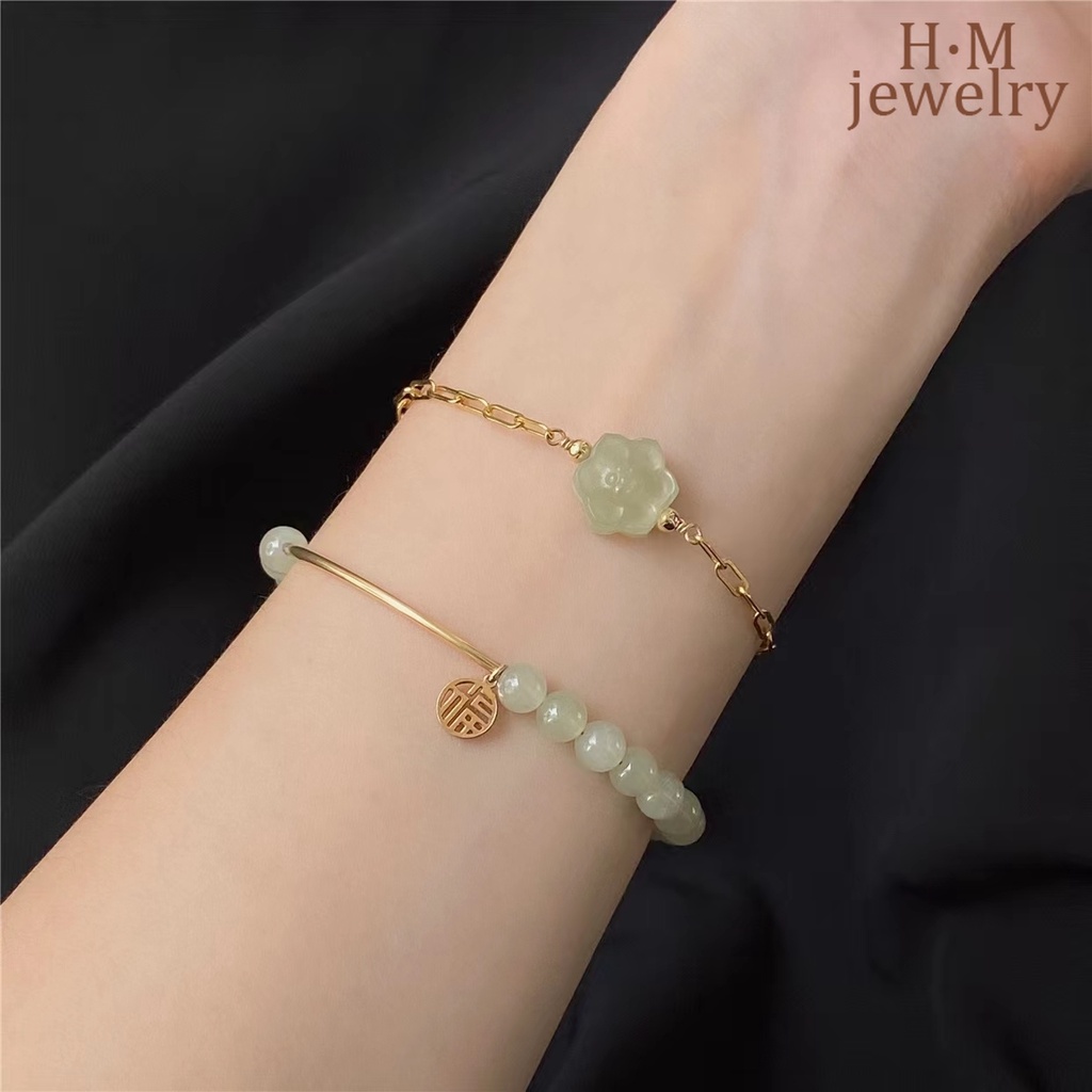 Fu Gelang Tangan Manik-Manik Batu Jade Hetian Bulat Untuk Wanita