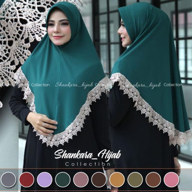 ➫ Hijab / Jilbab Kerudung Khimar Instan Jersey Renda Polos / Model Bergo Serut RendaTerbaru ,Terjang