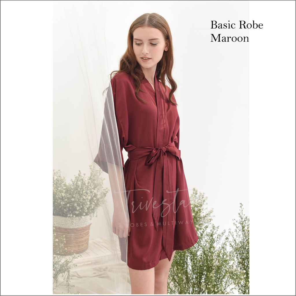 Trivesta Robes - Basic Robe Maroon - Kimono Robe Bridesmaid Satin + Free Bordir (Tulisan Bebas Bisa Nama)