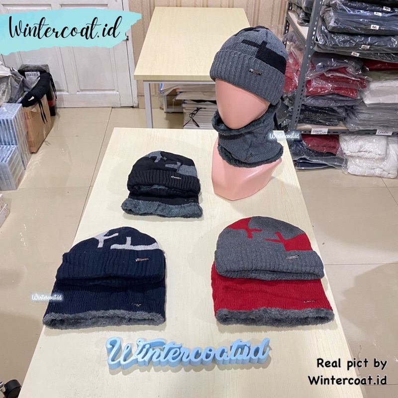 Beanie hat set neck warmer topi kupluk pria wanita hangat gunung set penghangat leher winter musim dingin