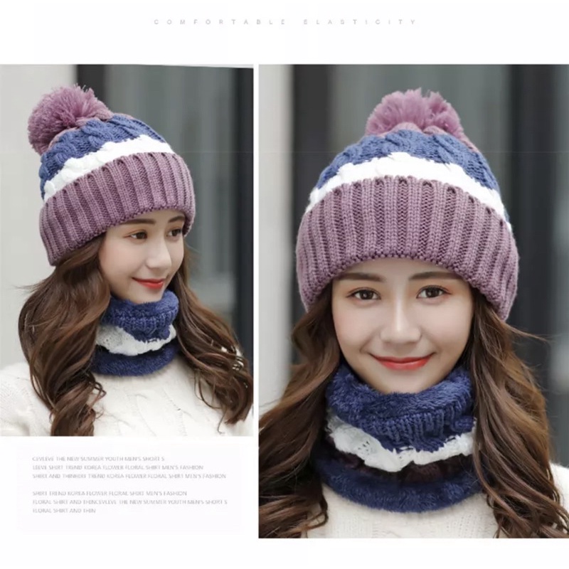 Topi kupluk wanita hangat import rajut winter hat musim dingin korea anak beanie set neck warmer kim