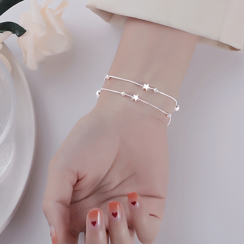 Gelang Multilayer Adjustable Aksen Manik-Manik Bintang Warna Silver Gaya Korea Untuk Wanita