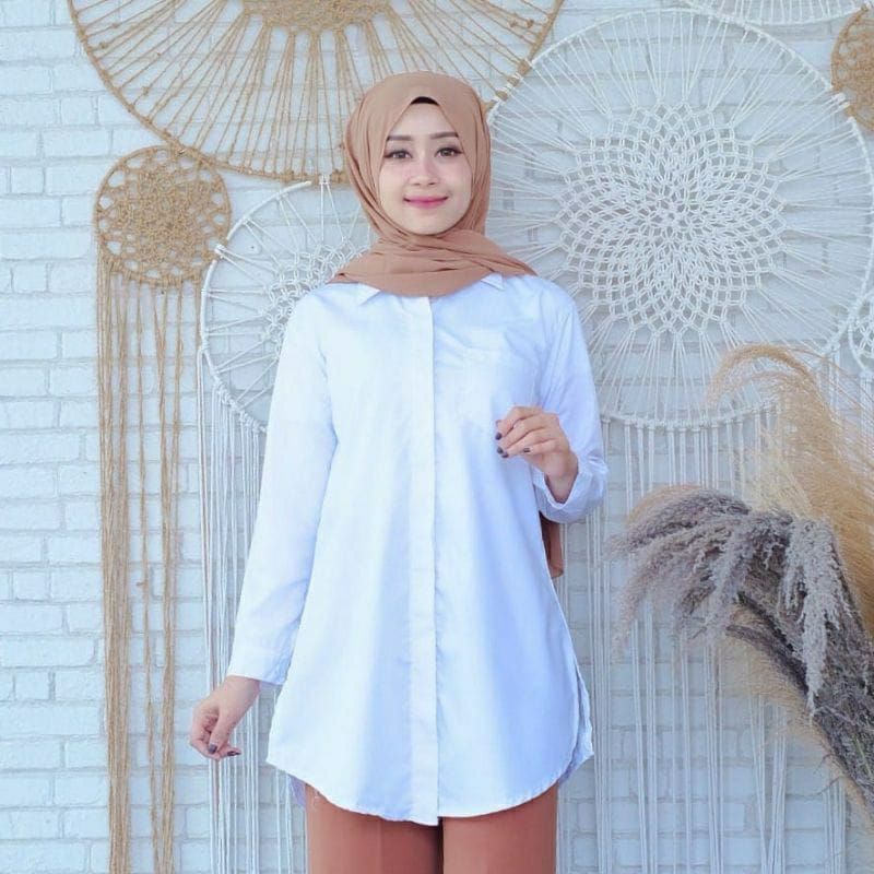 kemeja atasan blouse hem putih baju kerja wanita