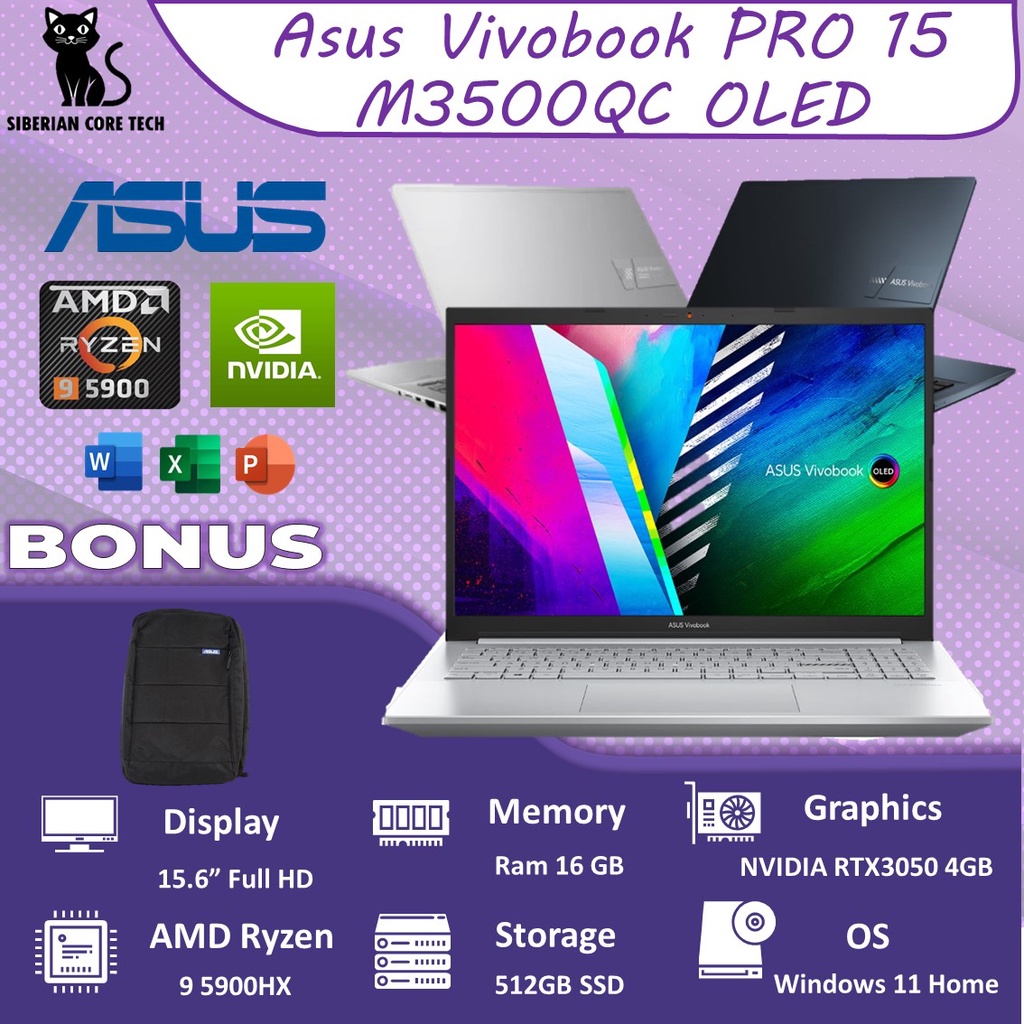 ASUS VIVOBOOK PRO 15 M3500QC OLED955 RYZEN 9 5900HX 16GB 512SSD RTX3050 4GB W11+OHS 15.6FHD BLU