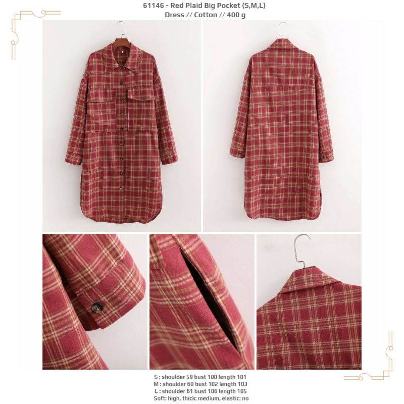 Tunik berkerah merah kotak kotak lengan panjang