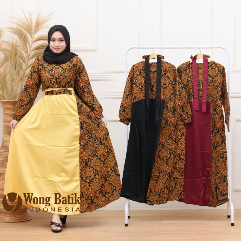 Gamis batik kombinasi polos gamis batik / dres batik panjang belt terpisah