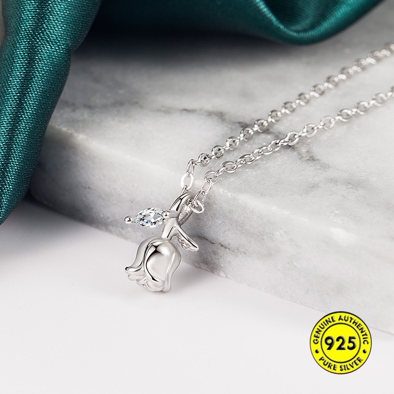 Kalung Rantai Klavikula Desain Mawar Tulip Aksen Berlian Kilau Untuk Wanita