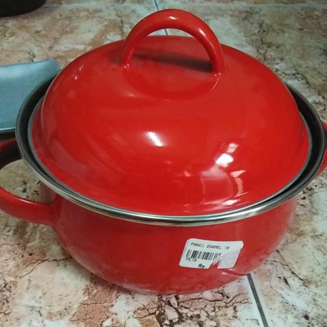 Panci Kuping Bertutup Enamel Varian Warna Merah Dan Hijau 18 Cm