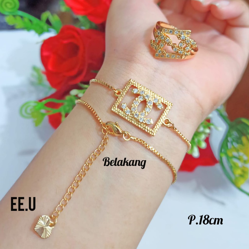 Gelang TITANIUM Rantai itali plat FREE cincin motif full permata zircon,gold tidak karat COD