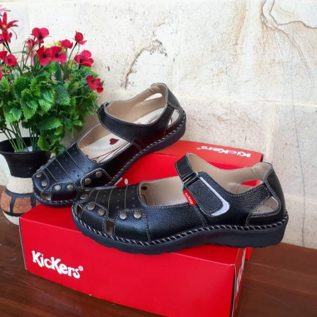 J.14 FULL BLACK SEPATU SANDAL KICKERS WANITA  BAHAN KULIT SAPI ASLI
