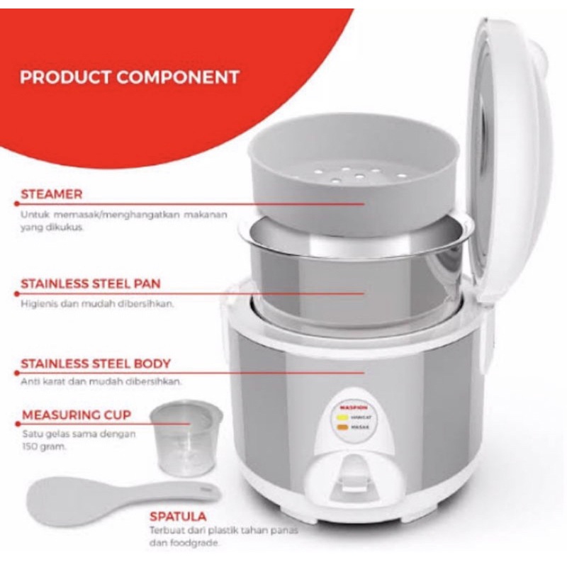[ Maspion ] Magic Com / Rice Cooker Maspion MRJ 109 Panci Stainless Steel (Lebih Sehat) - 1.2L