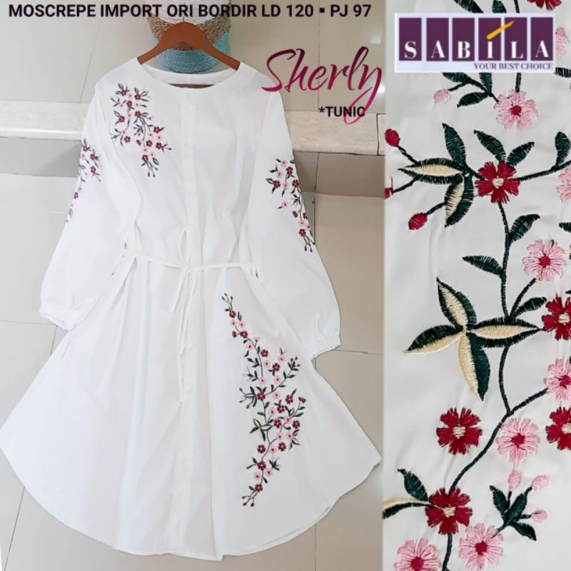 NEW SHERLY TUNIK BAJU WANITA PUTIH BORDIR CANTIK JUMBO LD 120CM