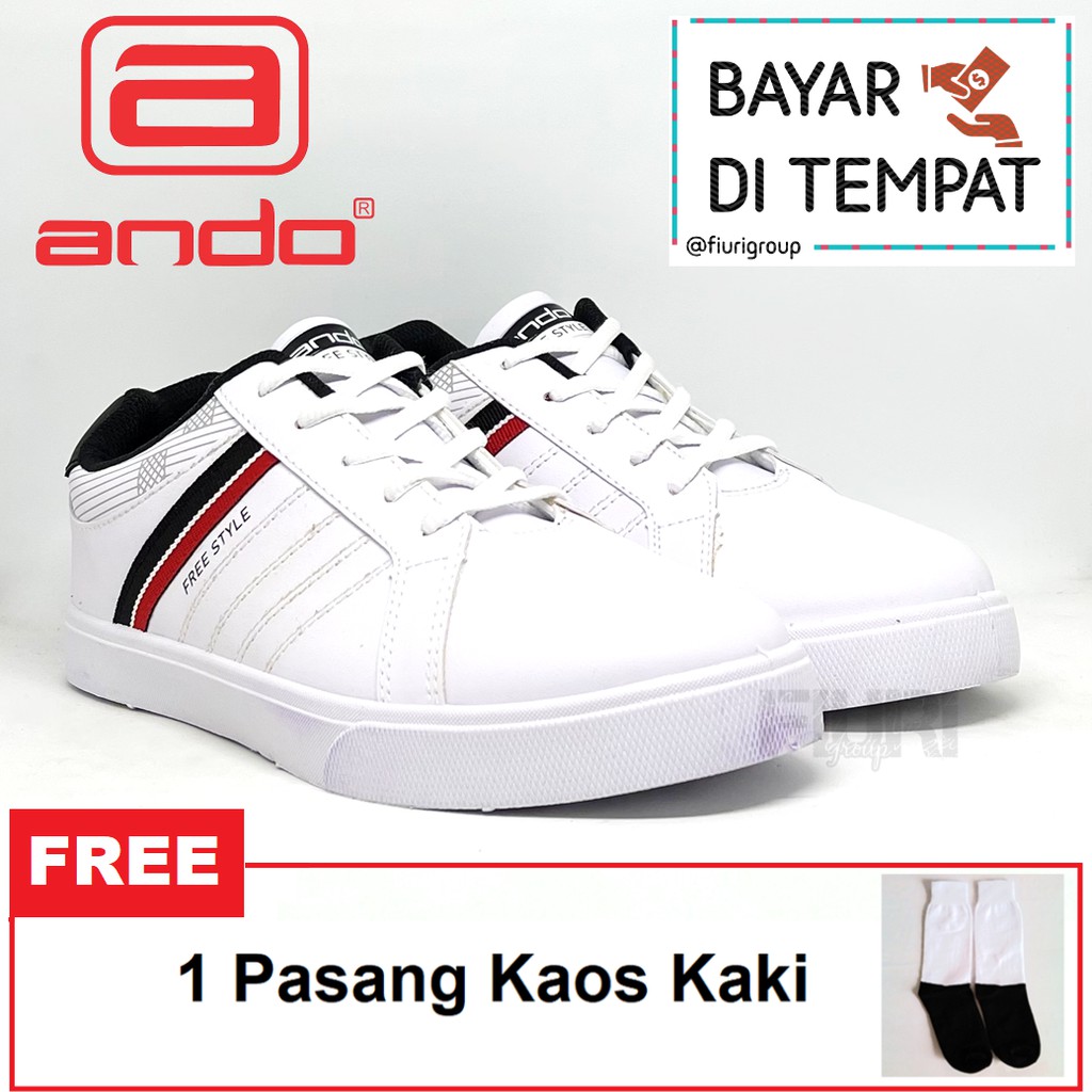 FIURI - Ando Original - Fendy 39-43 Putih Merah - Sepatu Kets Pria - Sepatu Sneakers Pria - Sepatu Olahraga Sport Pria - Sepatu Casual - Sepatu Jogging Lari Fitness Gym Senam Pria - Sepatu Sekolah Bertali SD SMP SMA - Fiuri