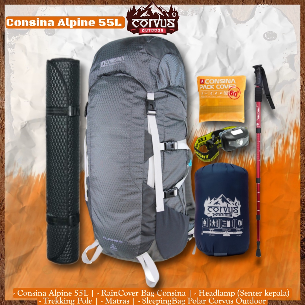 paket hemat alat pendakian gunung carrier consina alpine 55l paket hemat alat pendaki gunung paket l