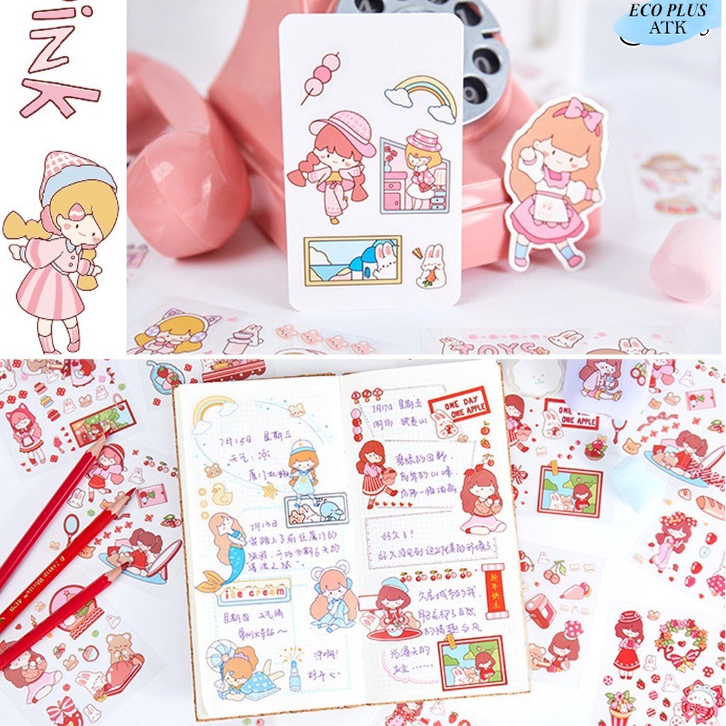 20Lembar Sticker PET Aesthetic Waterproof Scrapbooks Diary Tumbler DIY Anti Air Cute Cartoon