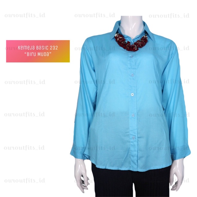 KEMEJA WANITA RAYON POLOS LENGAN PANJANG - BIRU MUDA BIRU LANGIT