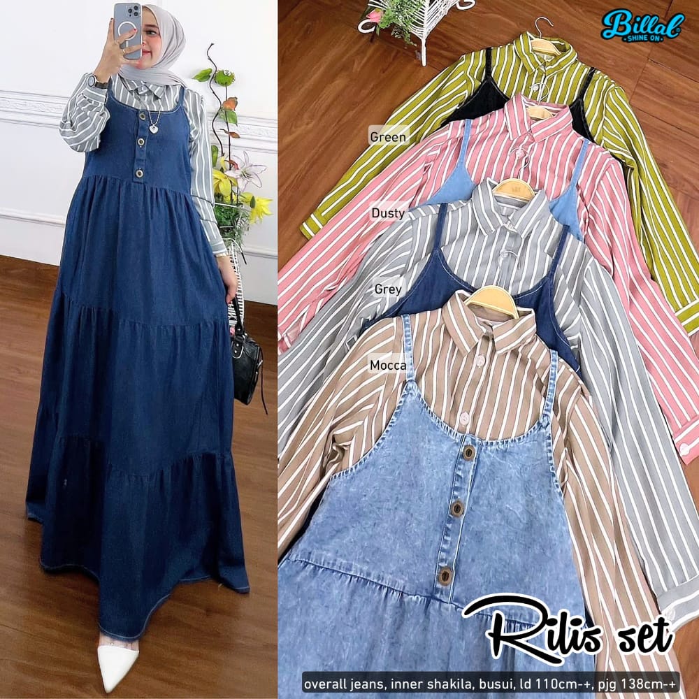 RILIS SETELAN MAXY / 13.4 / BAHAN JEANS MIX SHAKILA / LD 110 CM / PB 138 CM / ALLSIZE SET OVERALL DAN KEMEJA / BILLAL