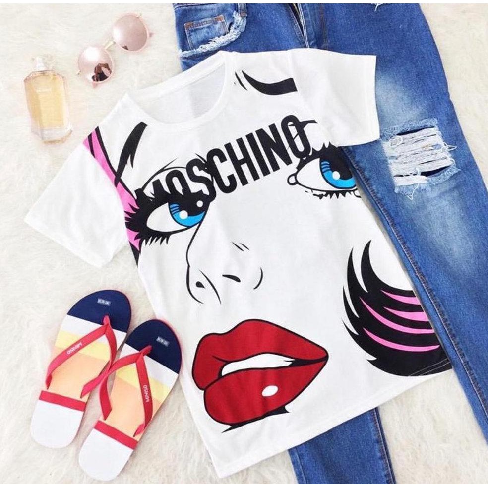 PREMIUM H TOP TEE MOSCHINO OZ PUTIH ATASAN KAOS WANITA MODEL TERBARU MOTIF LUCU UNIK BAHAN ADEM