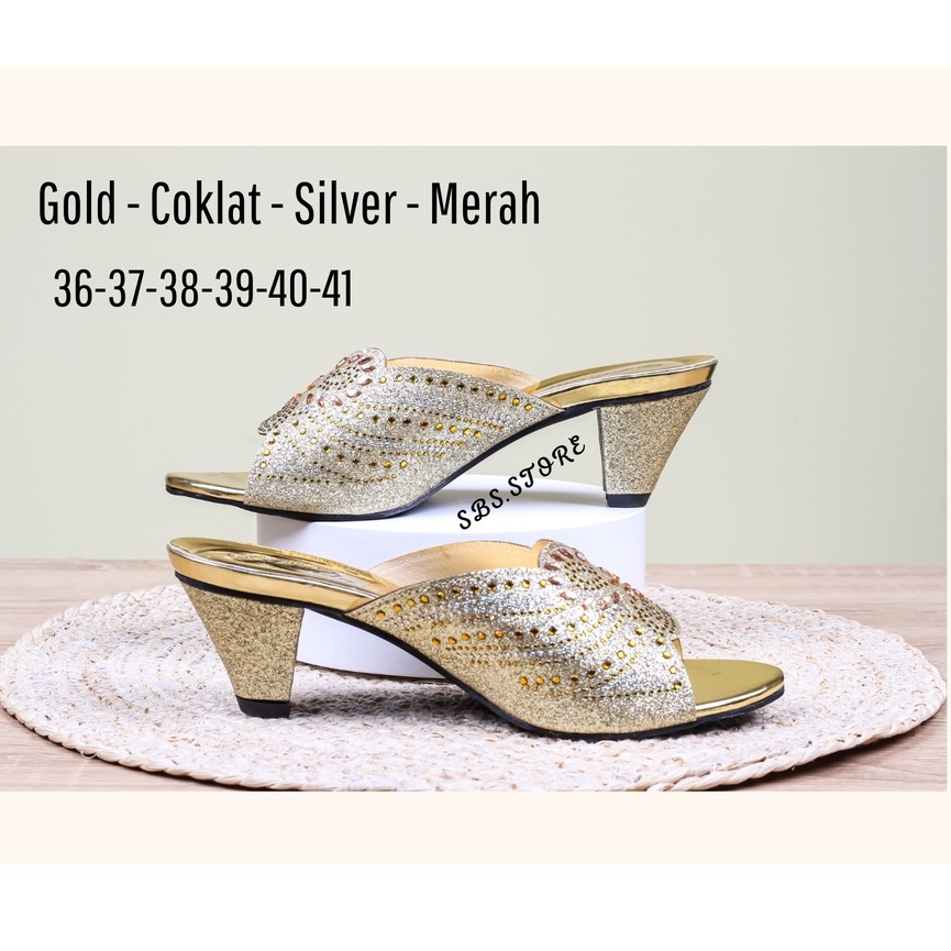 Sandal Wanita Pesta Model Payet 03 High Heels Wedges Selop Hak Tahu 5cm Terbaru