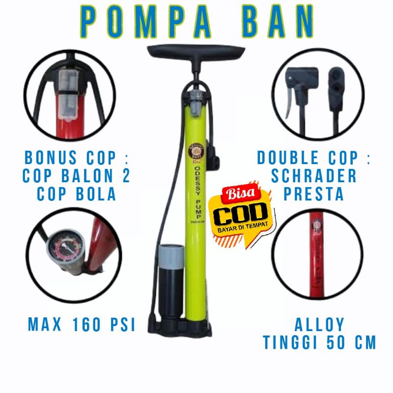 Pompa Alloy WorkMan/ Odessy Alloy Pump Ban Motor Sepeda Bola Lengkap Kompa Angin Tangan/ Pompa bola