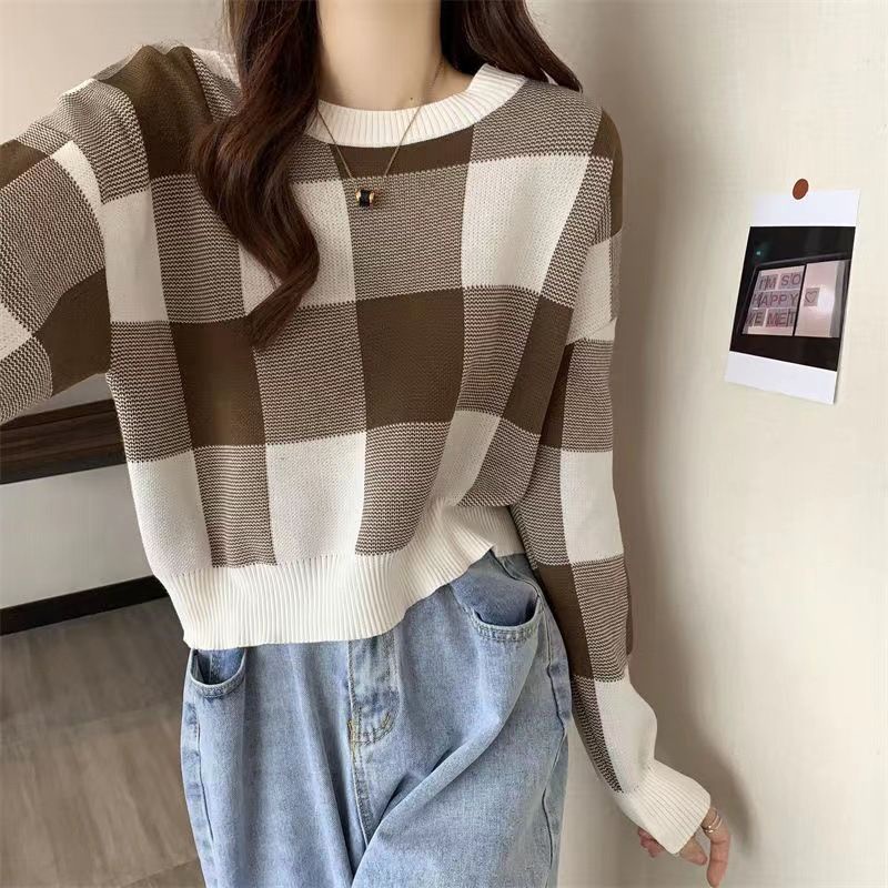 Belle Sweater Top Knit Import - Sweater Rajut Wanita Kotak Kotak TM (95019)