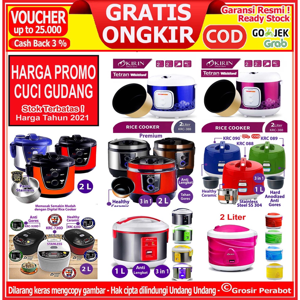 Rice Cooker Magic Com Mini Digital Kirin 1 1.3 1.8 2 3 Liter 3 in 1  Stainless Steel Anti Gores Lengket Ceramik Keramik Ricecooker Ricecoker Magicom Megicom Mejikom Mini Kirin 1 1.3 2 3 Liter 3 in 1 KRC 138 087 088 090 388 389 390 188 520 620 720 D