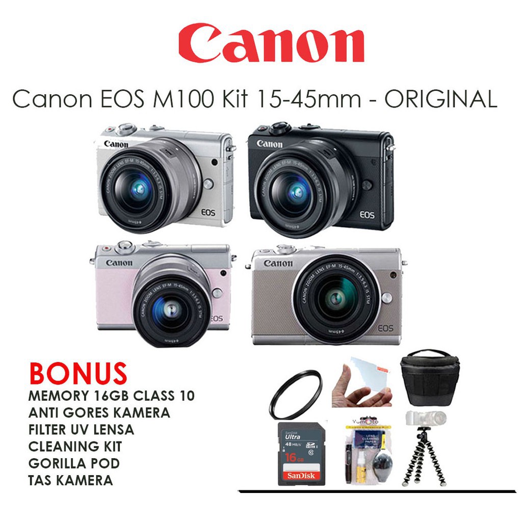 CANON EOS M100 KIT 15-45MM PAKET PROMO - KAMERA CANON MIRRORLESS PROMO
