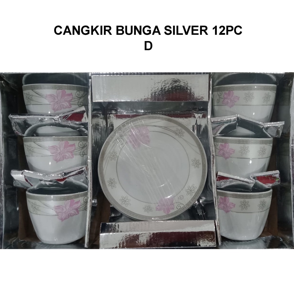 Cangkir Teh Keramik Bunga Silver SET 12 Hampers Hadiah Gift Box