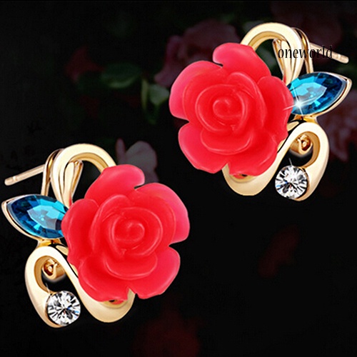 OW@ Women Cute Lady Rhinestone Resin Rose Flower Earrings Ear Studs Jewelry Gift