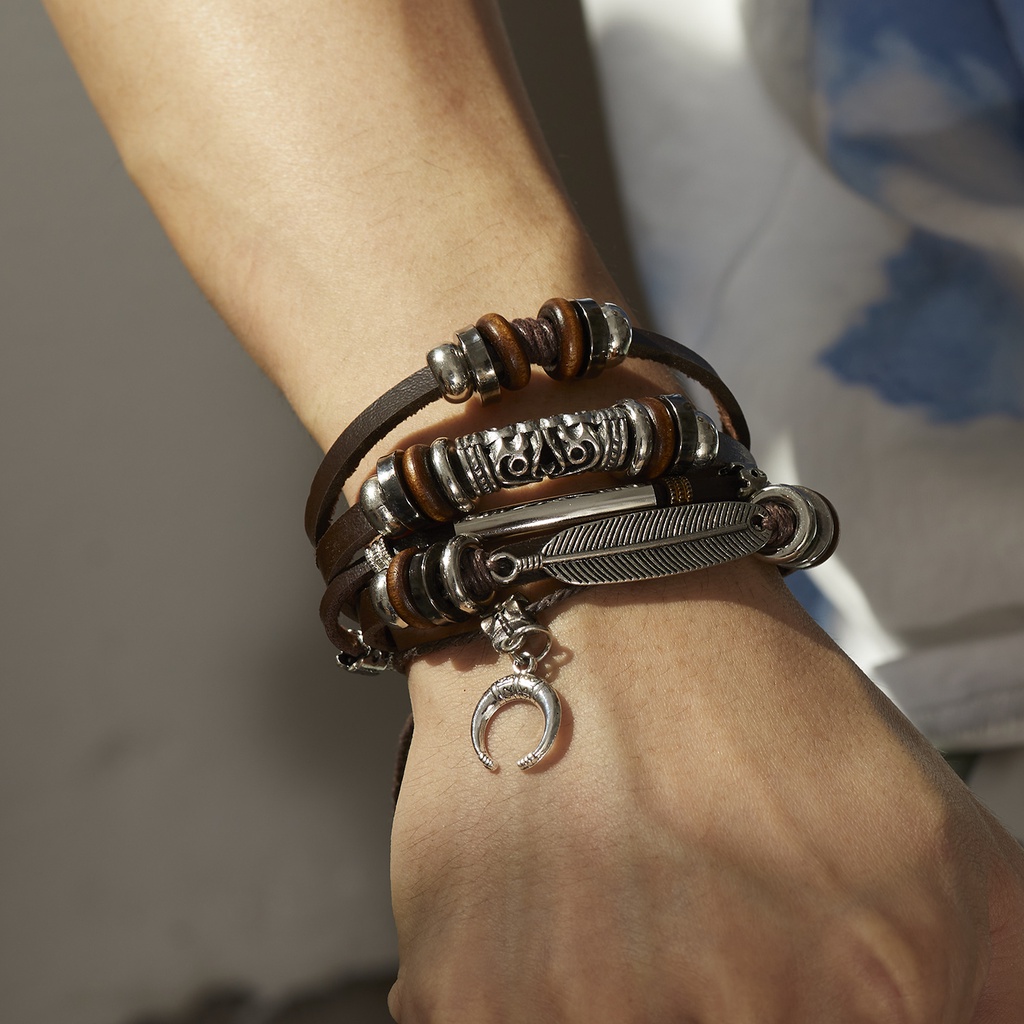 Men's Multilayer Braided Bracelet Feather Dot Cross Wrap Bracelet Leather Combination Bracelet Set