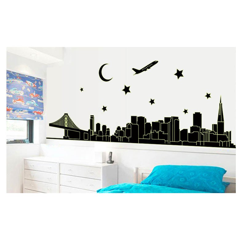 RELIZA Wall Sticker / Stiker Dinding GLOW IN THE DARK SILUET KOTA HITAM NIGHT STAR MOON ABQ9601