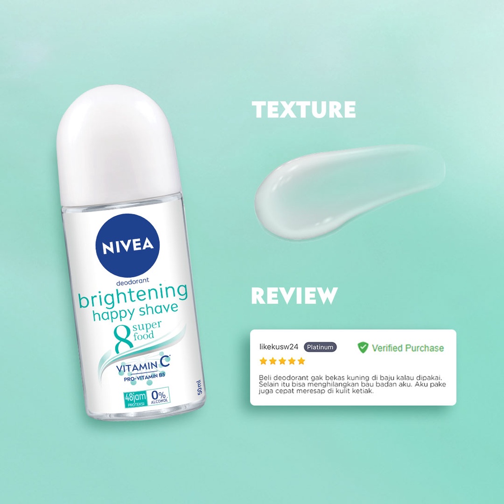 NIVEA Deodorant Roll On Brightening Happy Shave 25ml - Mencerahkan &amp; ketiak halus tanpa iritasi