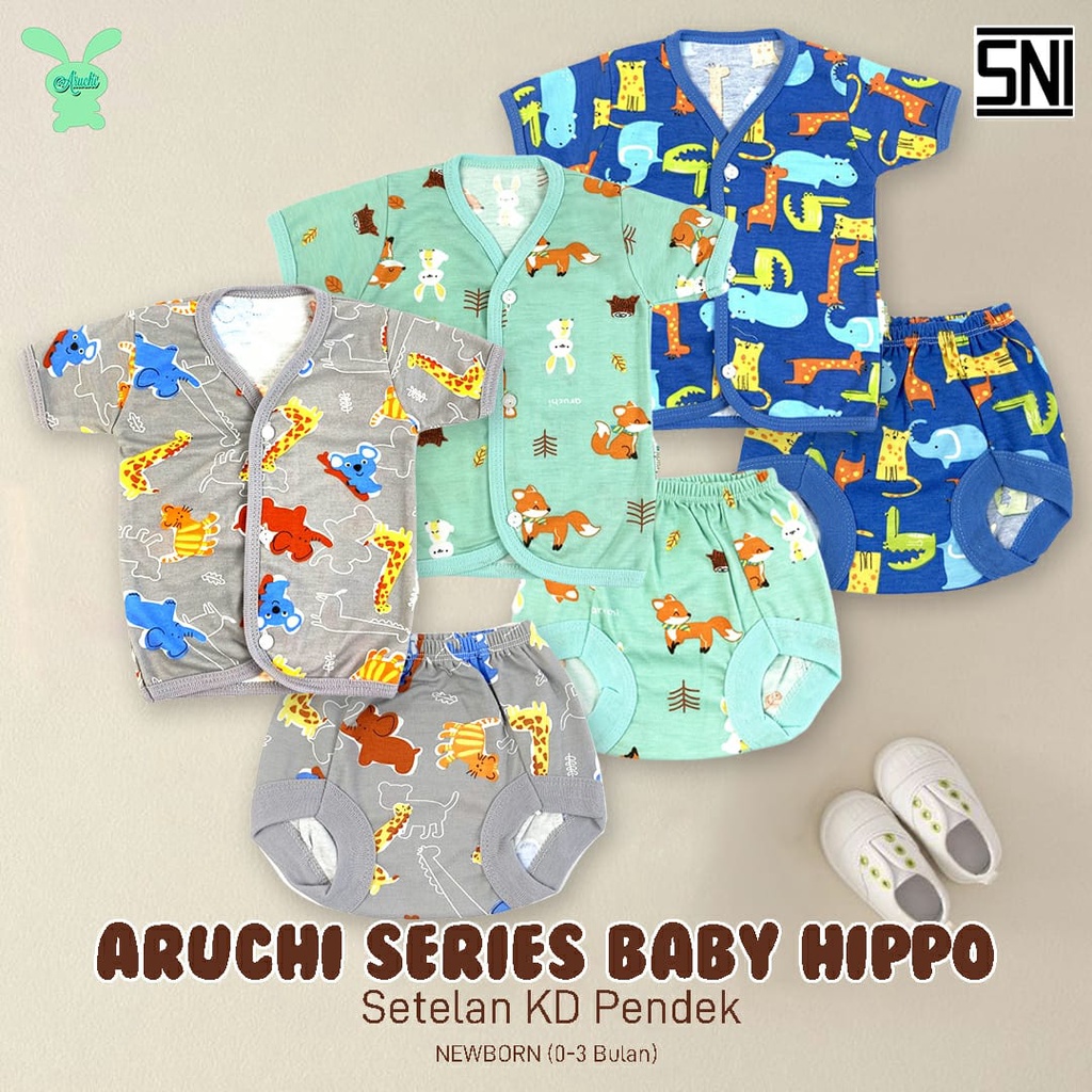 ARUCHI STELAN PENDEK / PANJANG MOTIF BABY HIPPO / RAINBOW PIYAMA BAYI / ANAK NEWBORN 0-3 BULAN