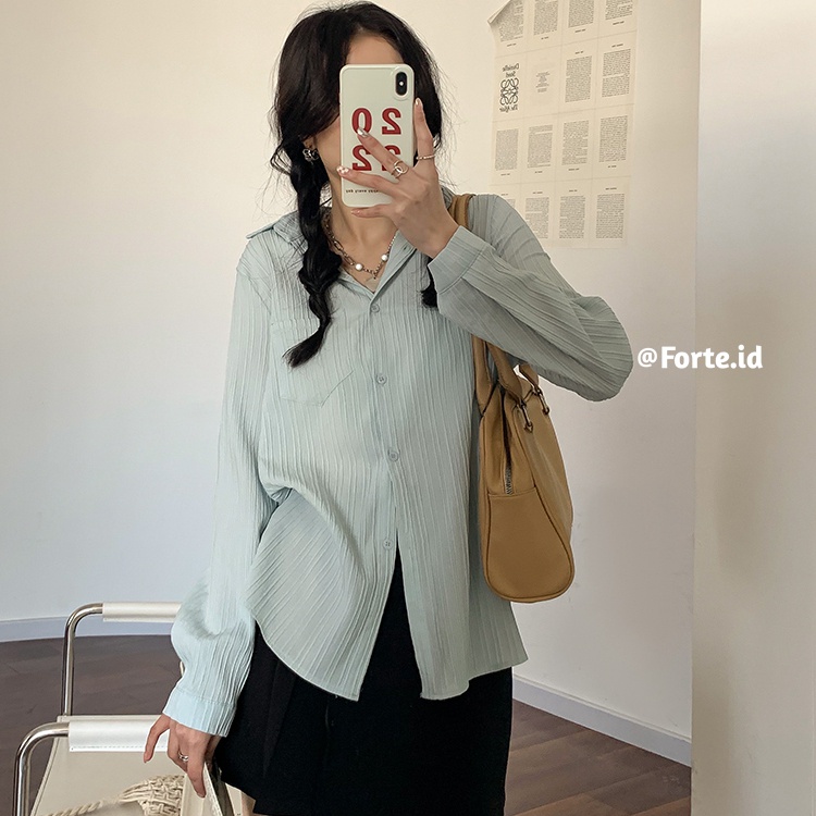 Kemeja Lengan Panjang Wanita Crinkle Shirt Putih Atasan Wanita Terbaru Blouse Import