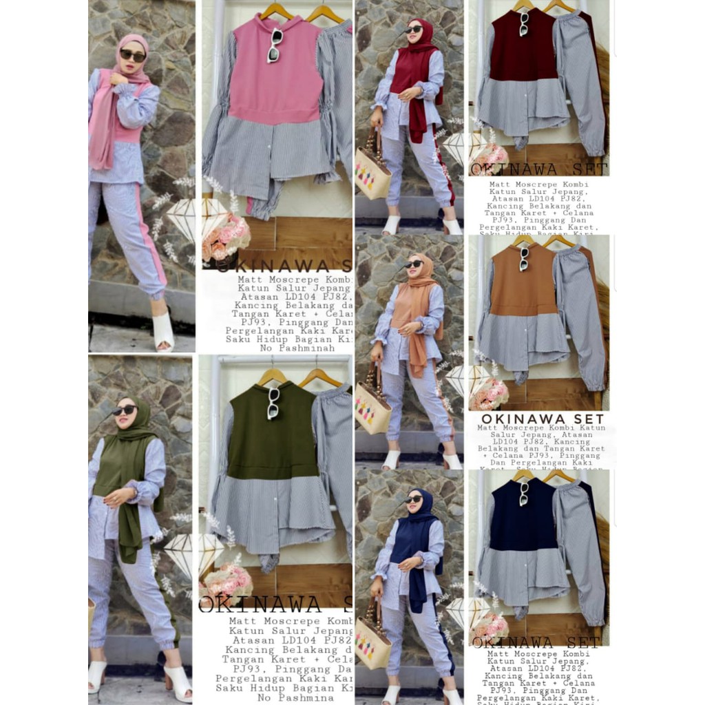 OKINAWA SET SETELAN BAJU DAN CELAN WANITA BISA COD BAJU MUSLIM WANITA BAHAN MOSCREPE LD 104 KRX