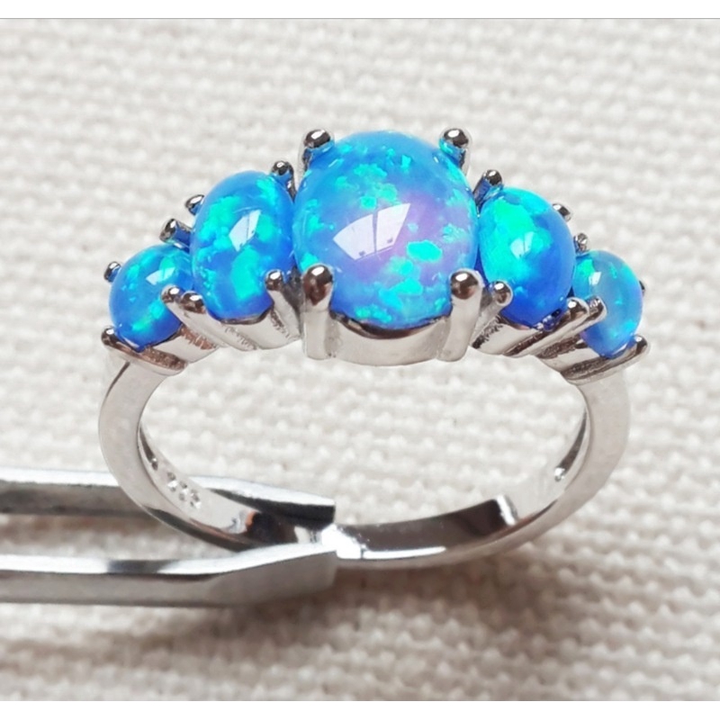 Cincin Sterling Silver   Batu Opal Biru Api untuk Wanita