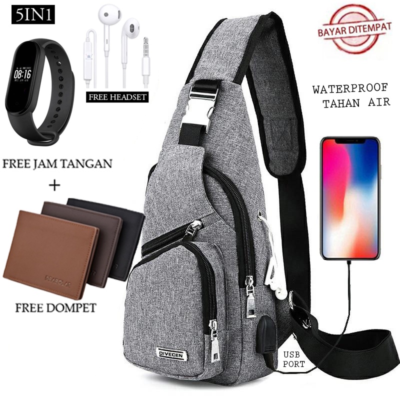 TANMESSO 5in1 BAYAR DITEMPAT- JAM LED -HEADSET- DOMPET -USBPORT -TAS WATERPROOF-BAHAN INTERPILAR SENDIRI LEMBUT DAN TEBAL MENGANDUNG 70%COTTON BUKAN PARASUT ATAU KANVAS SEPERTI YANG BEREDAR DIPASARAN-TAS SELEMPANG PRIA-SLING BAG PRIA