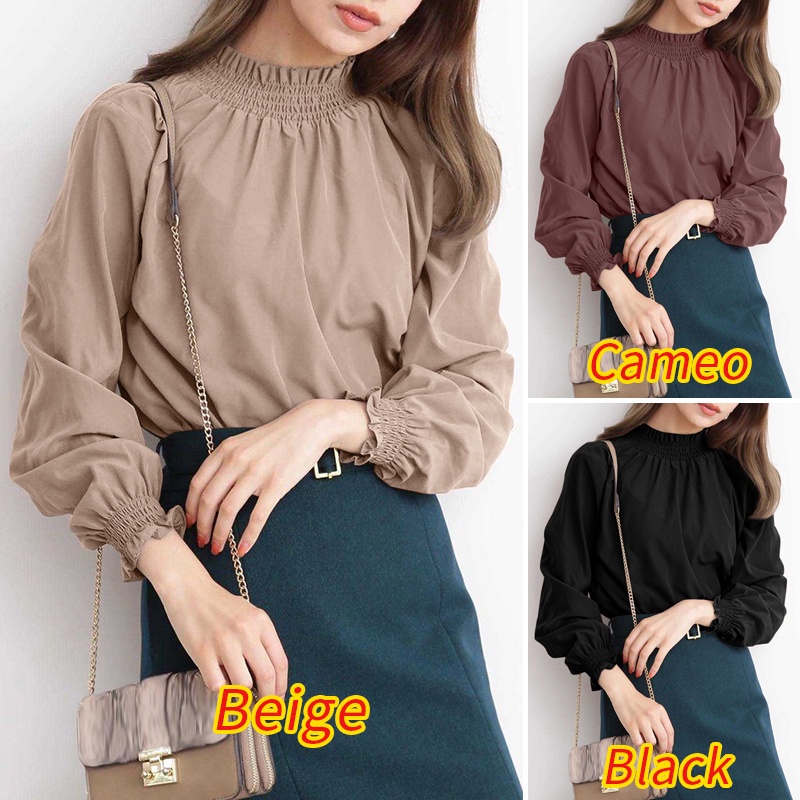 ZANZEA Retro Women Fashion Tops Blouse Solid Color Full Sleeve Turtleneck Casual Holiday Shirt